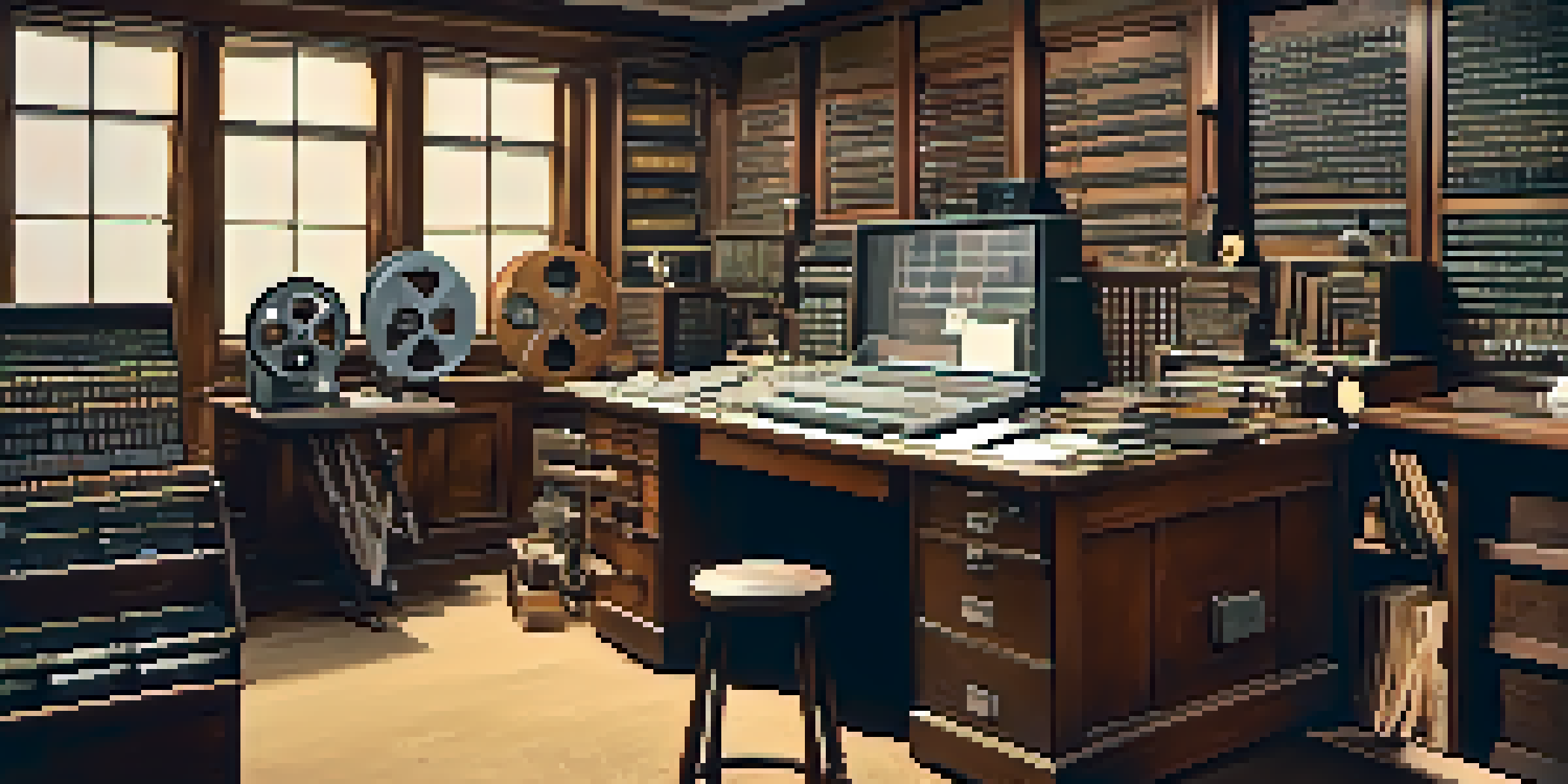 A vintage film editing room filled with film reels and editing tools, illuminated by warm ambient lighting.