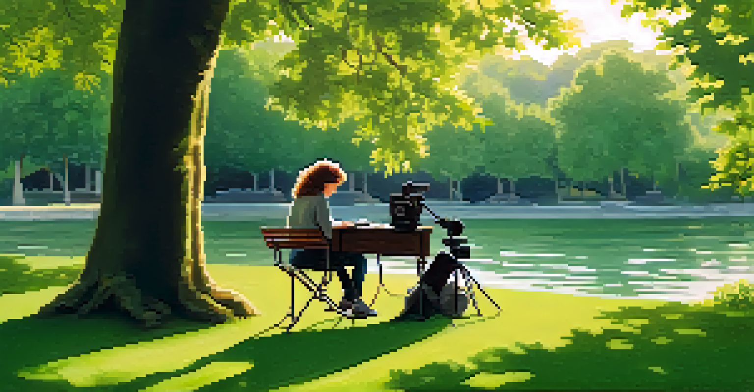 A filmmaker setting up a camera in a lush green park, surrounded by nature and soft sunlight filtering through the leaves.