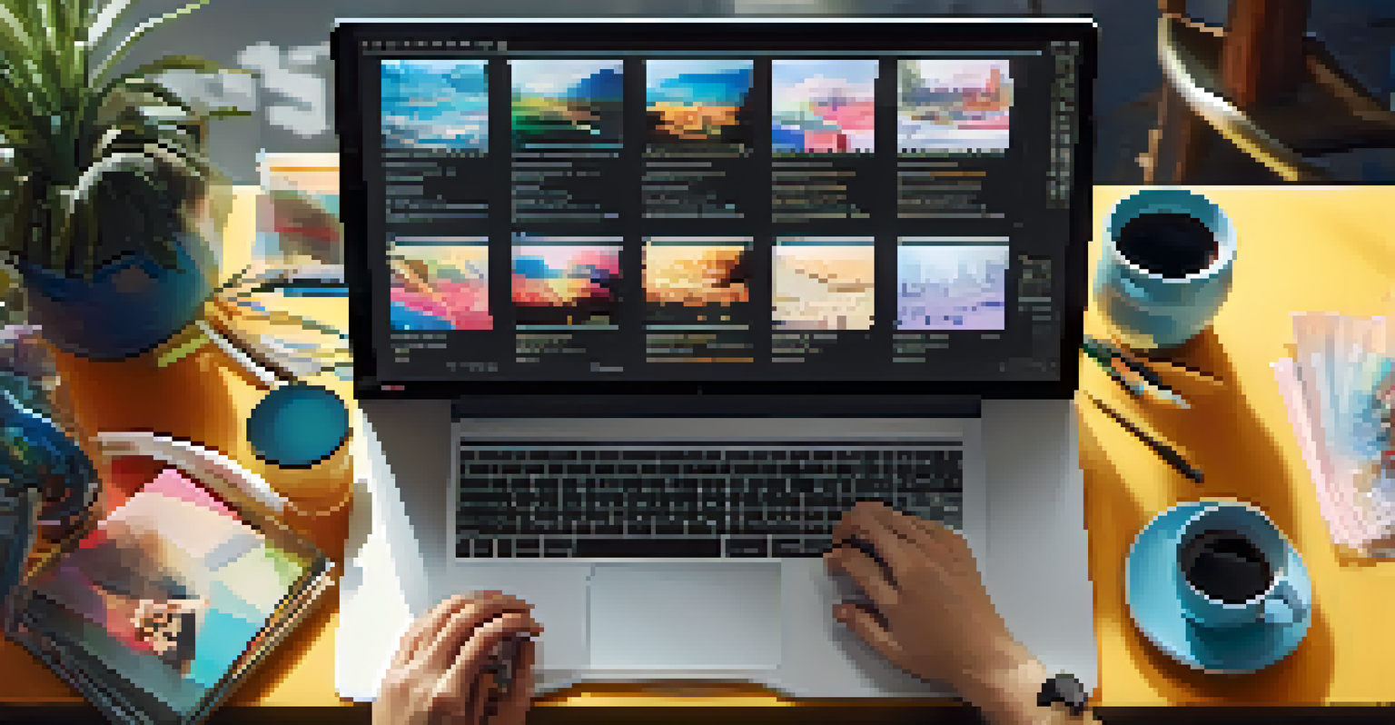 Close-up of a film editor's hands working on video editing software, with colorful clips displayed on the screen.