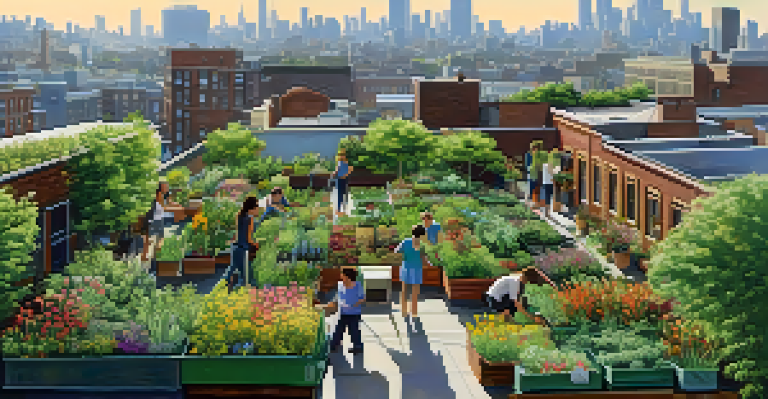 A rooftop garden in an urban setting, with people caring for plants and a city skyline in the background.