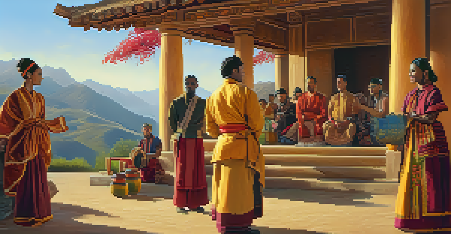 A film shoot outdoors with a director of color capturing actors in traditional clothing against a scenic backdrop, illuminated by golden sunlight.