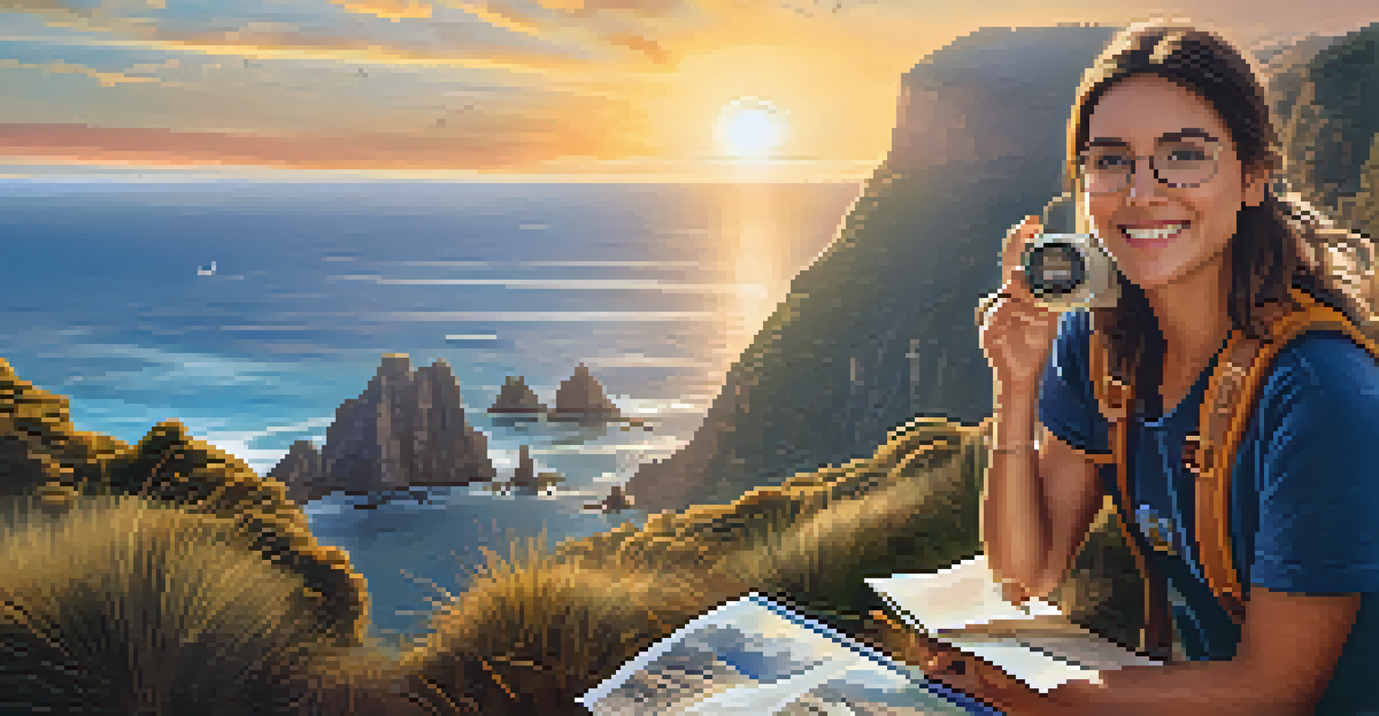 A travel influencer holding a movie-themed merchandise item at a scenic ocean cliff during sunset.