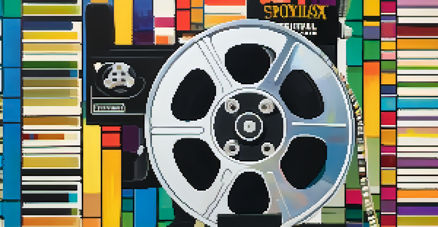 A close-up of a film reel surrounded by colorful festival brochures and tickets representing the Seattle International Film Festival.
