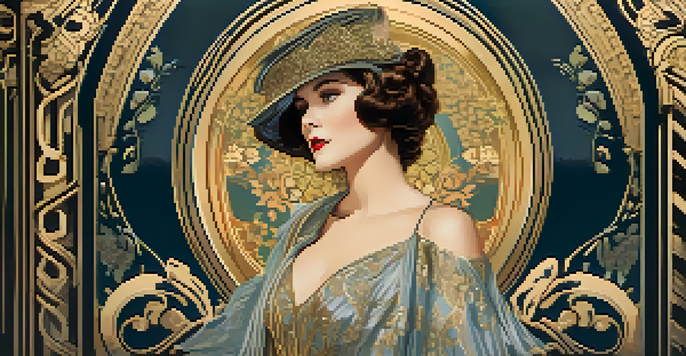 A vintage film poster with a mysterious woman in a flowing gown amidst floral patterns, in soft pastel colors and gold accents, titled 'Silent Shadows'.