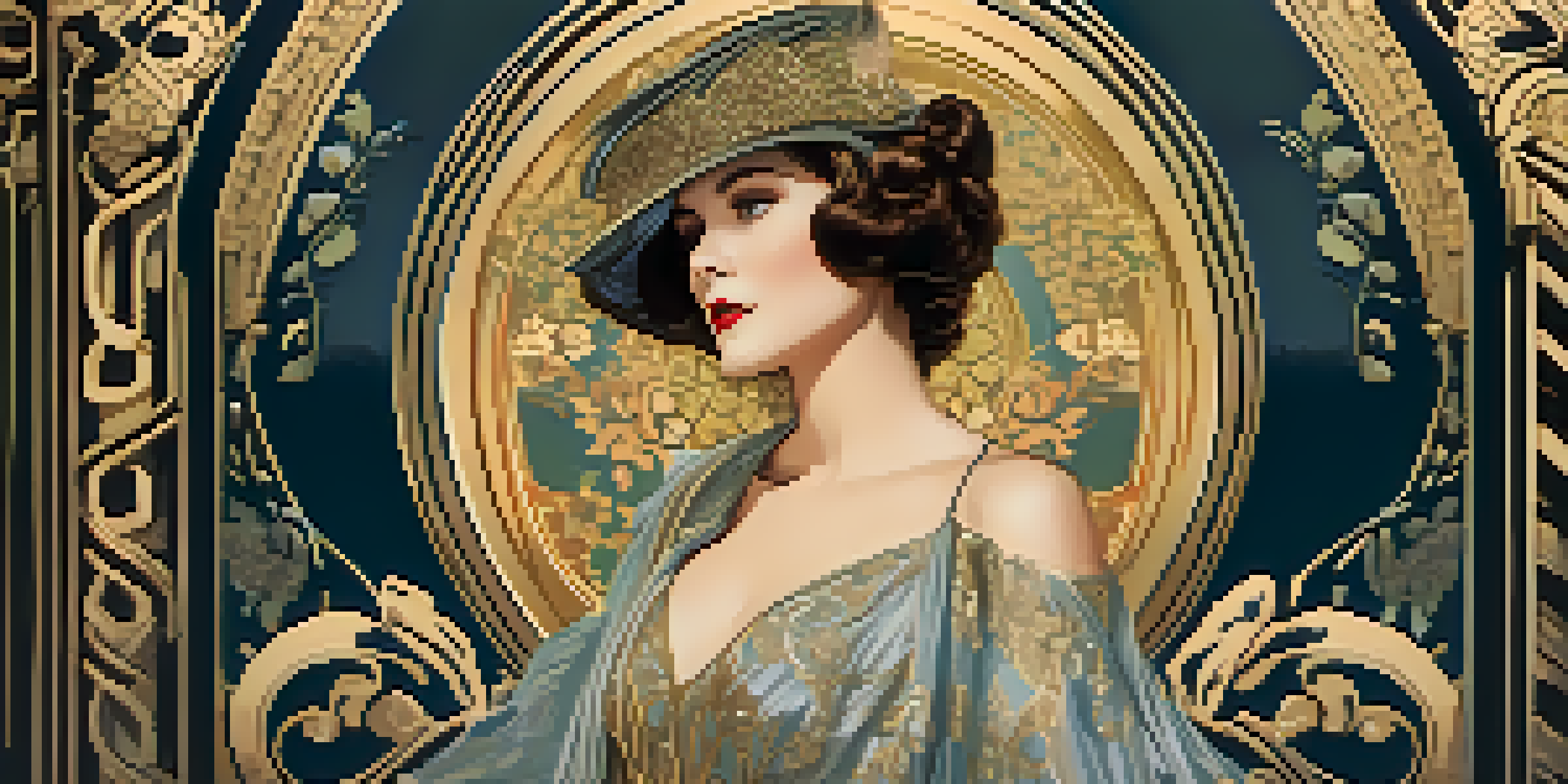 A vintage film poster with a mysterious woman in a flowing gown amidst floral patterns, in soft pastel colors and gold accents, titled 'Silent Shadows'.