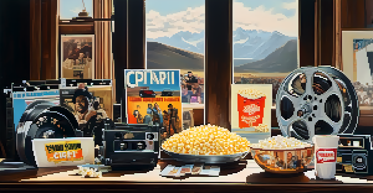 A collection of film reels and popcorn with vintage movie posters representing various genres and cultures.