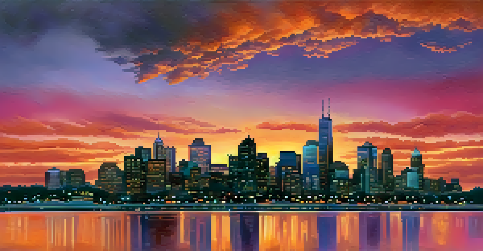 A beautiful sunset over a city skyline with vibrant oranges, pinks, and purples in the sky, showcasing harmonious color blending.