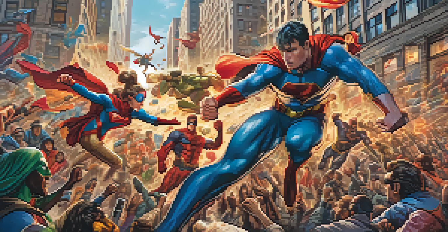 A comic book-style illustration of two superheroes battling in a bustling city, with colorful effects and amazed onlookers.
