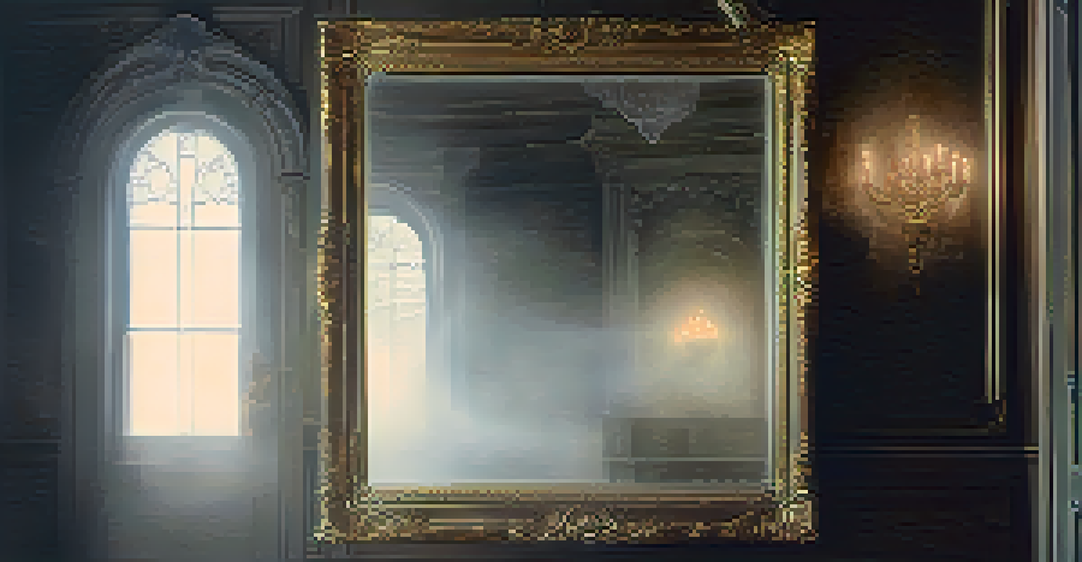 An antique mirror reflecting a foggy room with a ghostly silhouette in the background, creating an unsettling atmosphere.