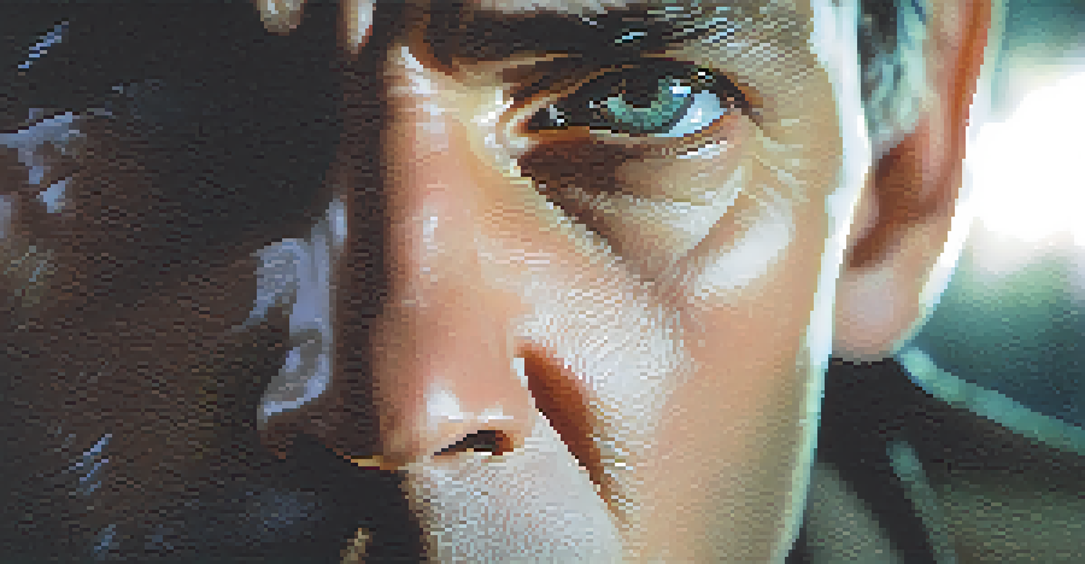 A close-up of a character's face showing intense emotions in a dimly lit environment.