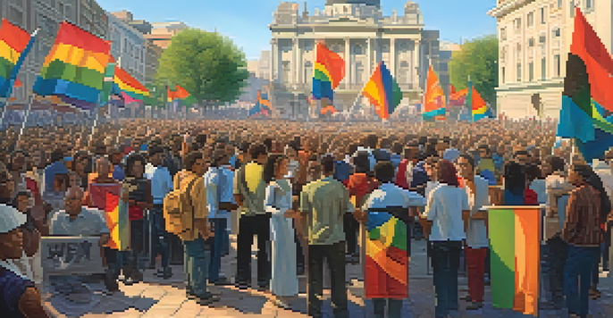 A diverse group of activists in a city square, engaged in discussion about social change, with colorful banners and historical landmarks in the background.