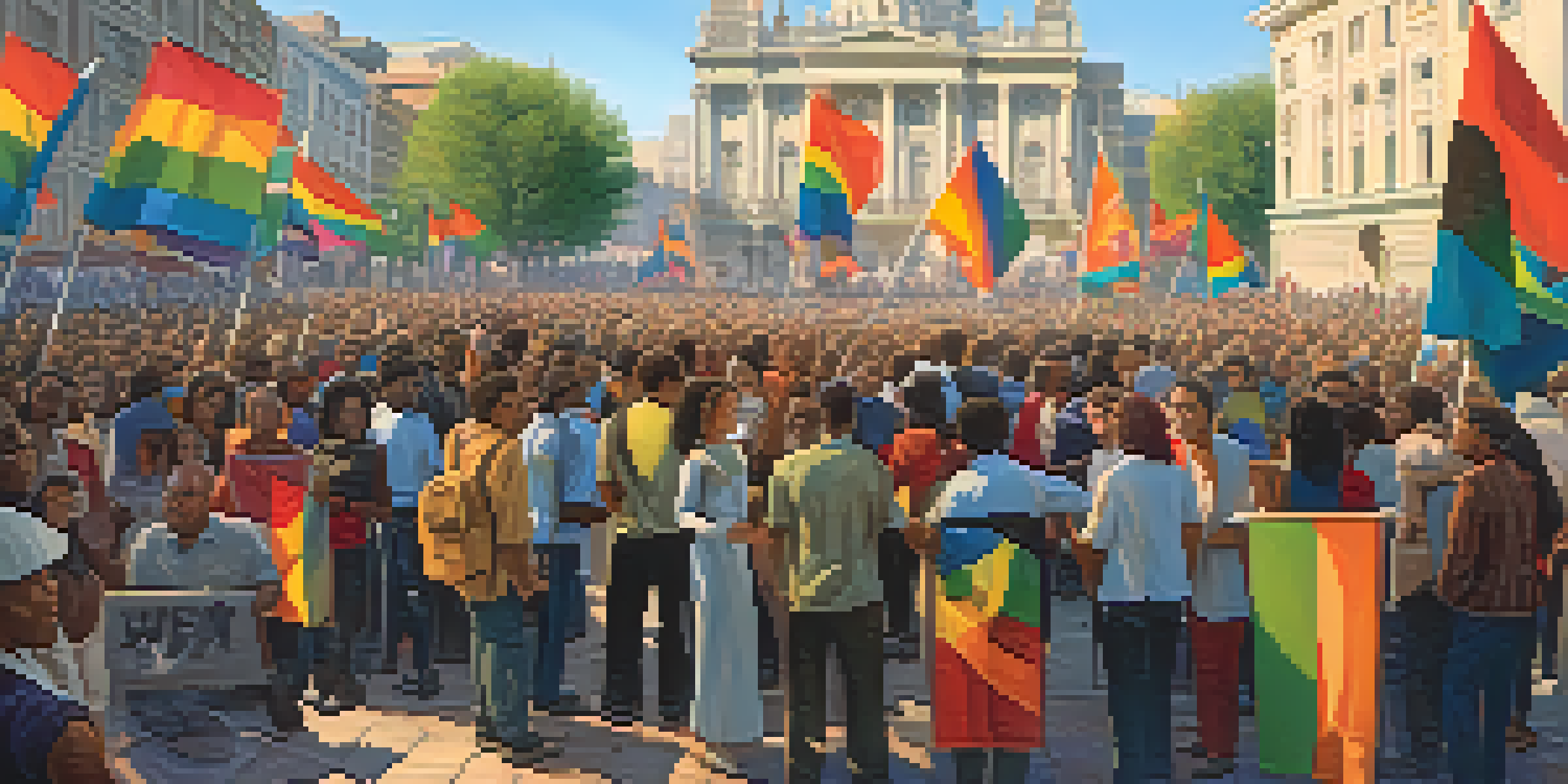 A diverse group of activists in a city square, engaged in discussion about social change, with colorful banners and historical landmarks in the background.