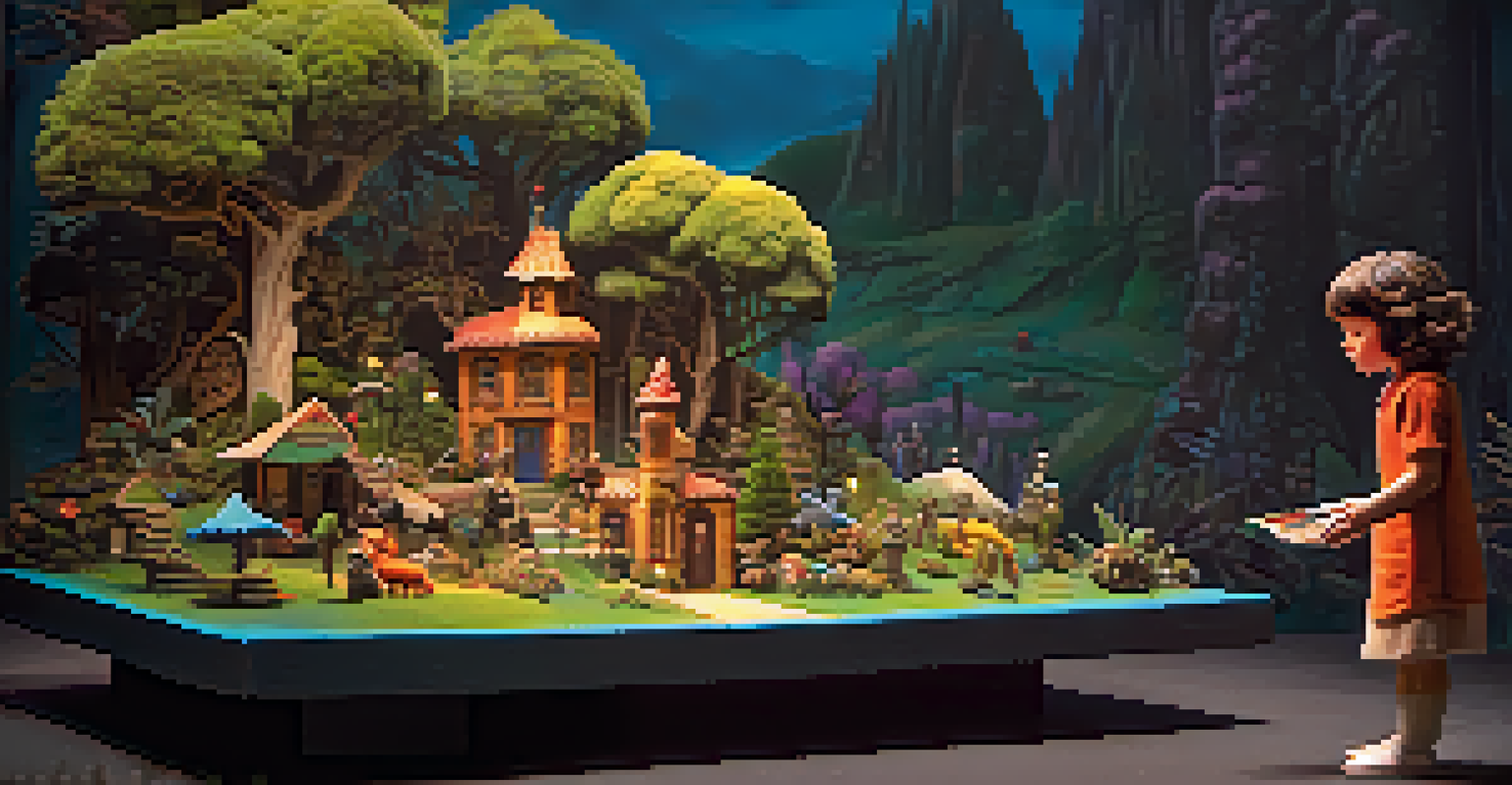 A still from a stop motion film showing a crafted character in a detailed miniature landscape with vibrant colors and dramatic lighting.