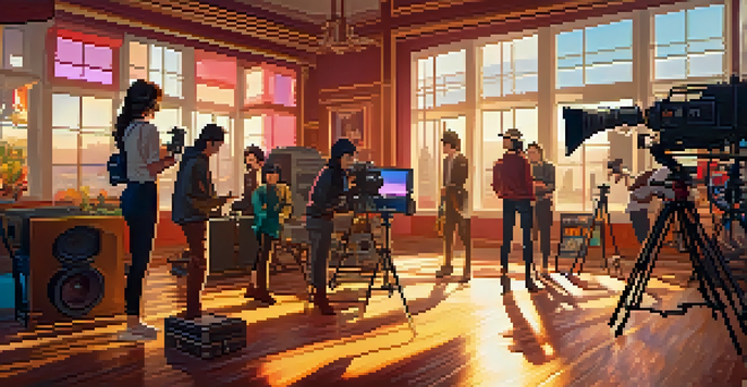 A female cinematographer on a film set, adjusting her camera with a diverse crew around her, bathed in warm sunlight.