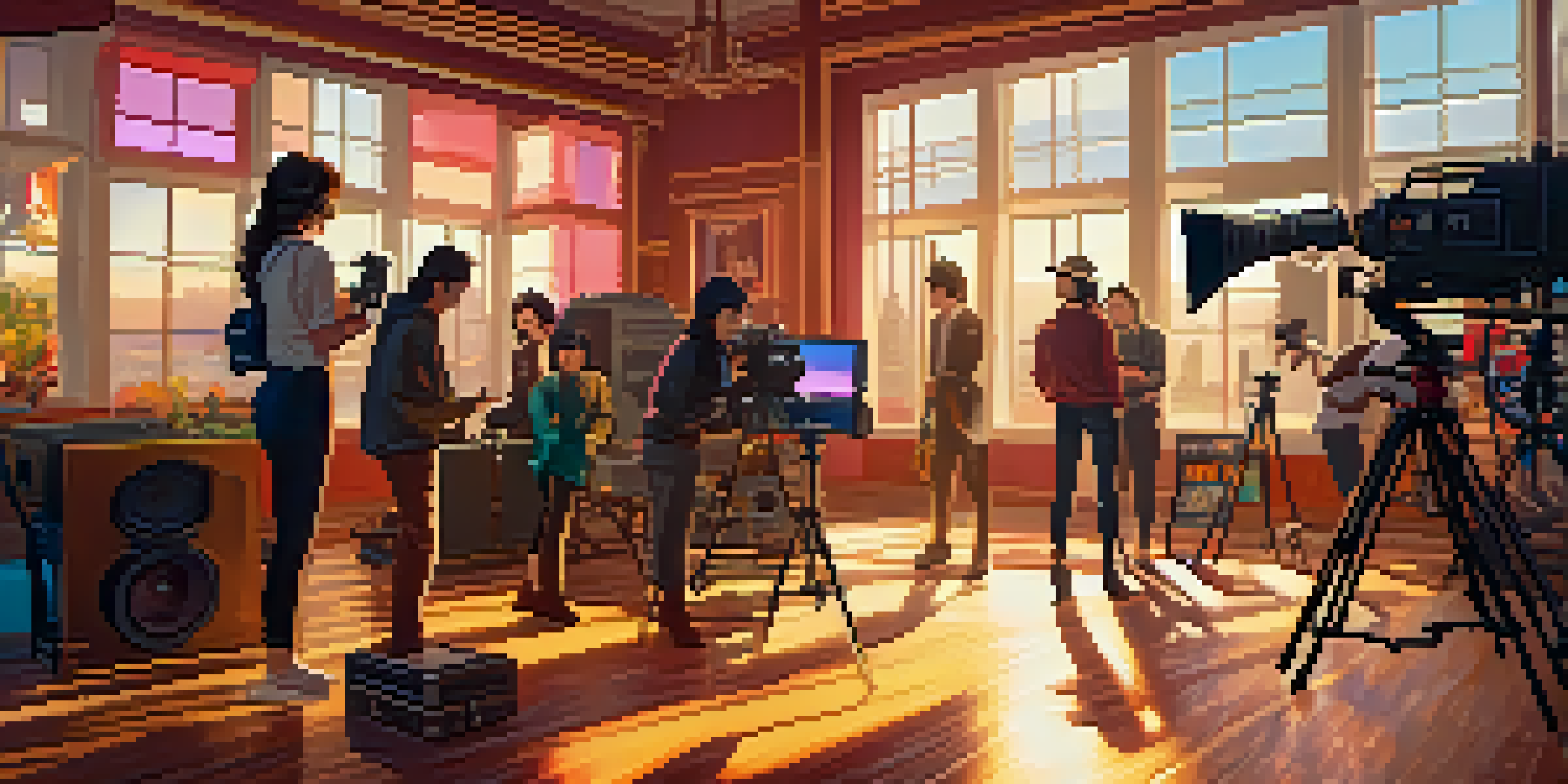 A female cinematographer on a film set, adjusting her camera with a diverse crew around her, bathed in warm sunlight.