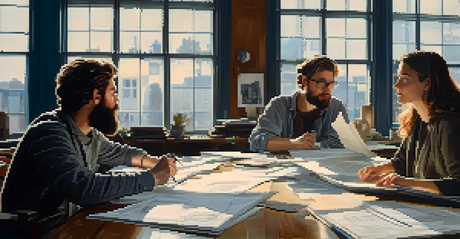 A film director and editor collaborating at a table covered with storyboards and notes, with natural light illuminating their workspace.