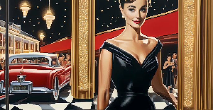 A stylish woman in a black dress stands on a red carpet at a vintage film premiere, surrounded by elegant lighting and a cinema backdrop.