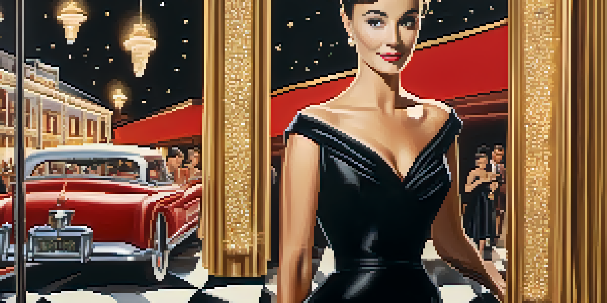A stylish woman in a black dress stands on a red carpet at a vintage film premiere, surrounded by elegant lighting and a cinema backdrop.
