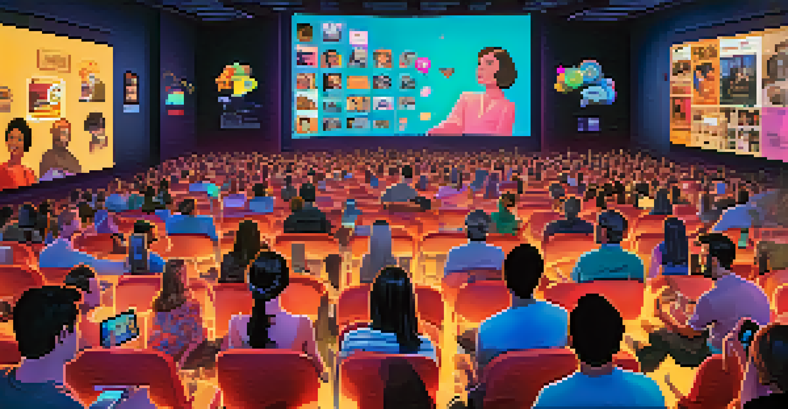 An illustration of a virtual film screening with fans engaging in chat on their devices, featuring a large screen showing a cult film.