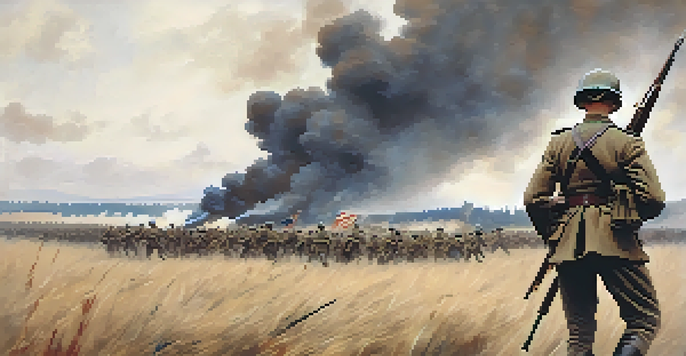 A battlefield scene during World War I with soldiers charging amidst explosions and smoke, showcasing bravery and patriotism.