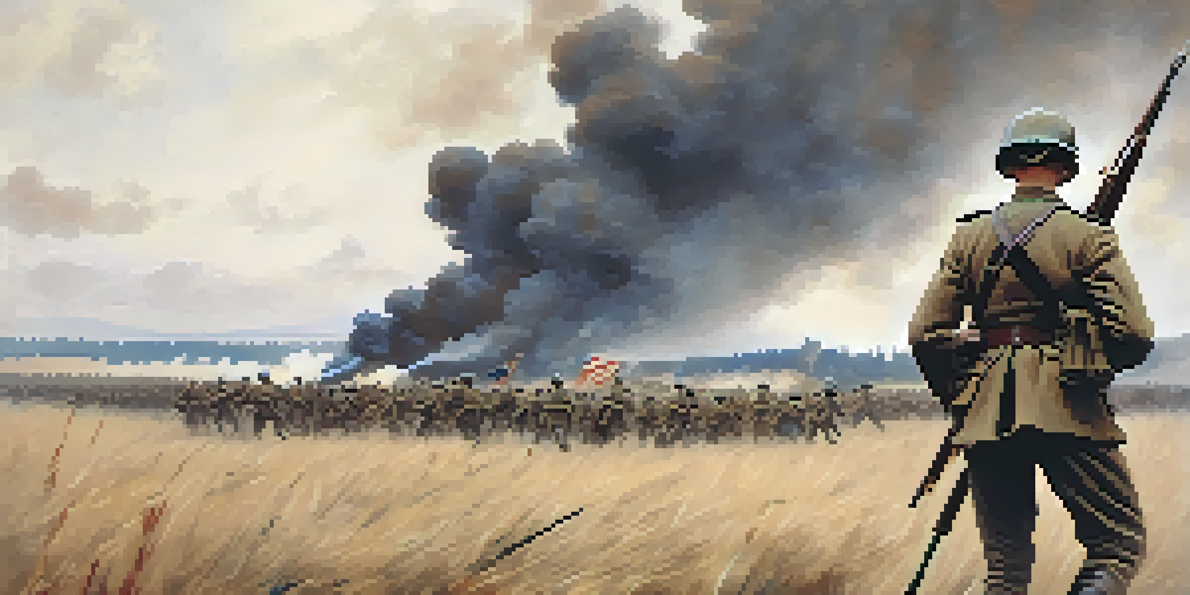 A battlefield scene during World War I with soldiers charging amidst explosions and smoke, showcasing bravery and patriotism.