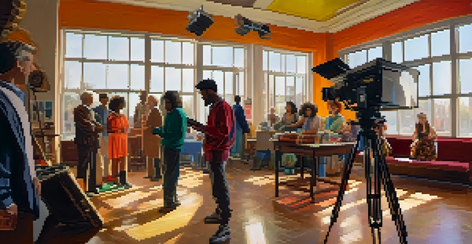 A diverse group of actors rehearsing on a film set, surrounded by colorful props and costumes, with a large camera in the foreground and warm natural light.