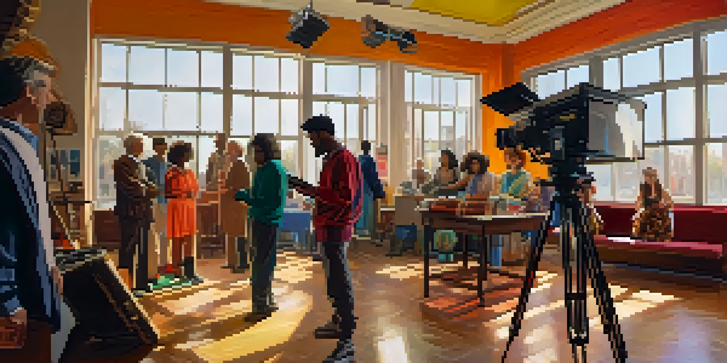 A diverse group of actors rehearsing on a film set, surrounded by colorful props and costumes, with a large camera in the foreground and warm natural light.