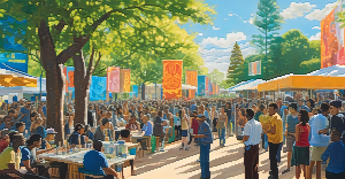 A lively film festival scene featuring diverse filmmakers and audiences engaged in discussions under a bright blue sky.