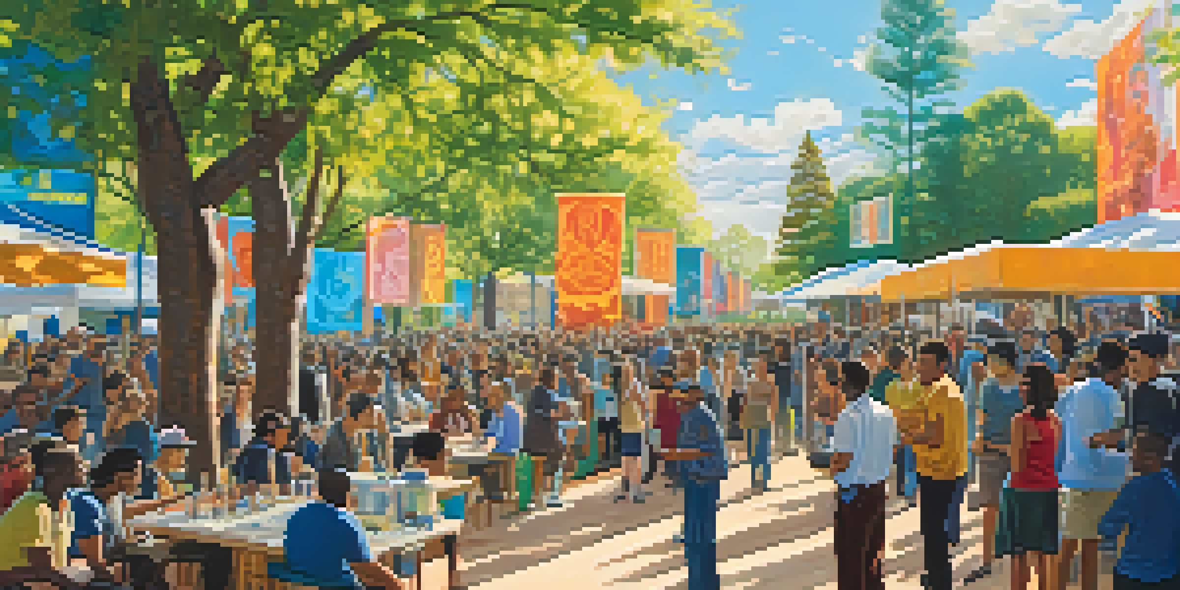 A lively film festival scene featuring diverse filmmakers and audiences engaged in discussions under a bright blue sky.