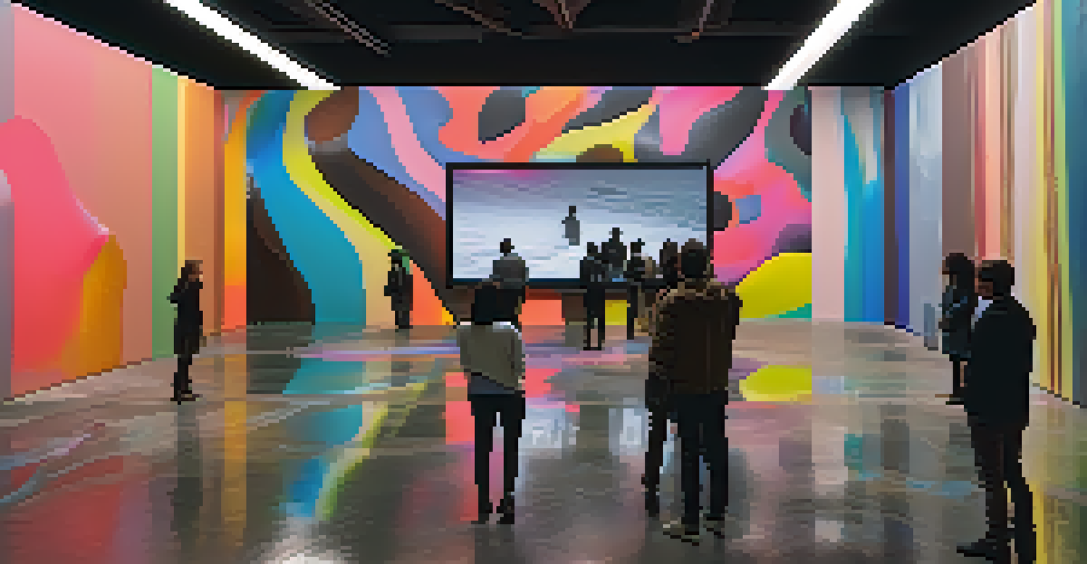 A dark art installation with a large video screen showing abstract visuals and engaged viewers.