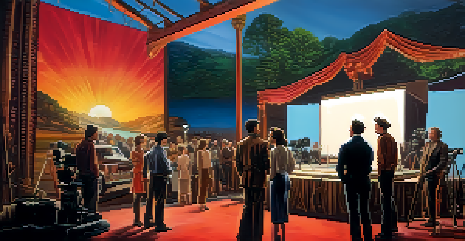 A lively film set with a director and actors discussing a scene, surrounded by crew members, bright lights, and a painted backdrop.