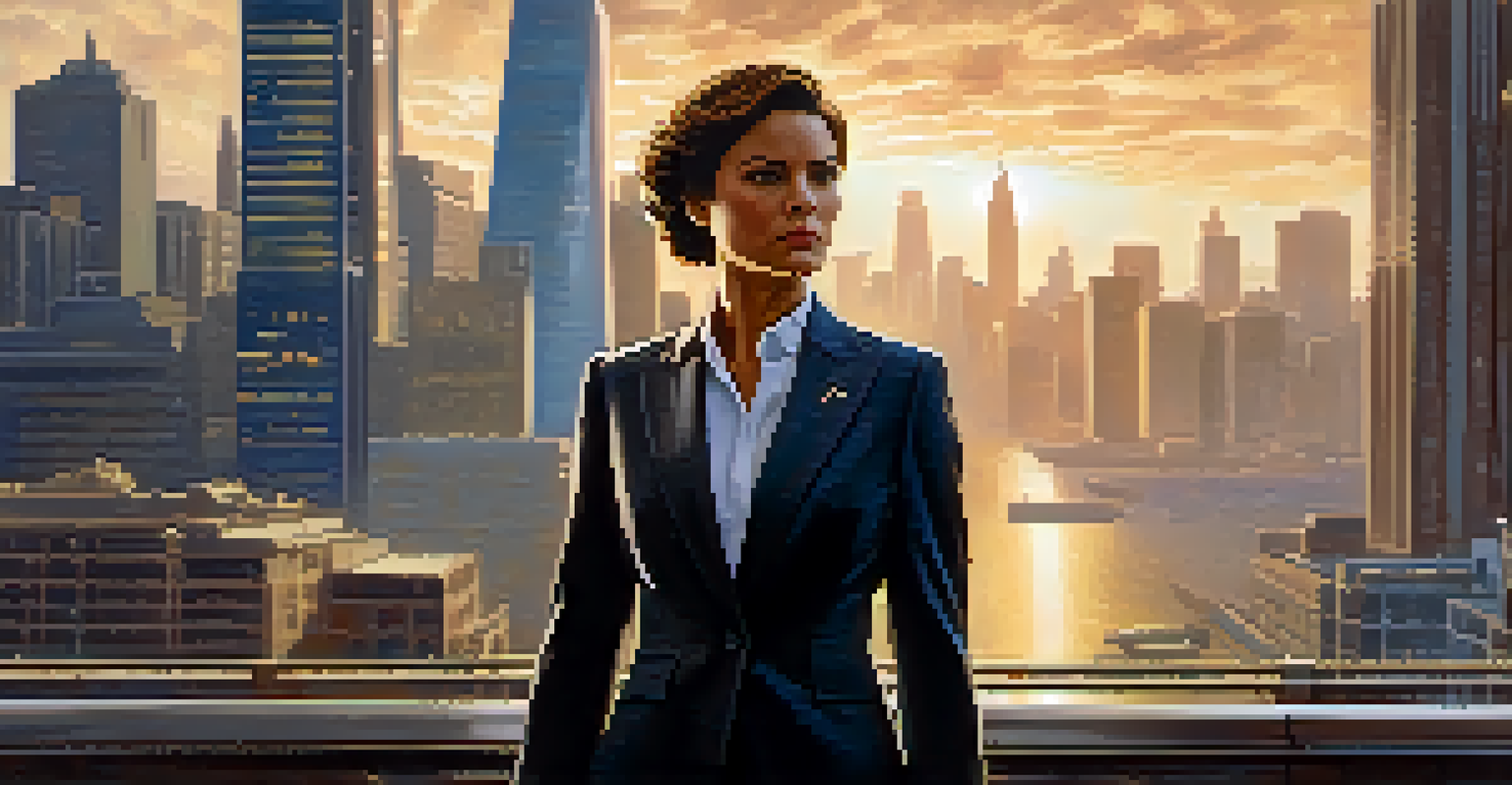 A multi-dimensional female character standing confidently against a city skyline, embodying strength and determination.
