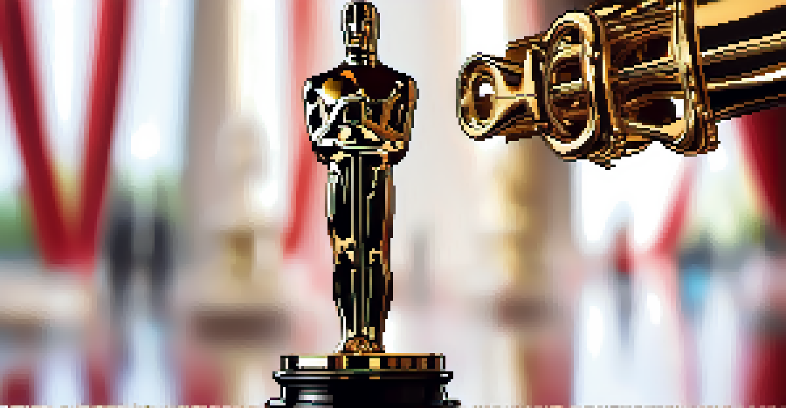 A close-up of the gold-plated Oscar statuette, highlighting its details against a blurred red carpet background.