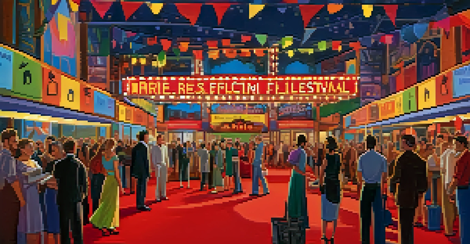 A lively film festival with a red carpet, filmmakers, and colorful banners.