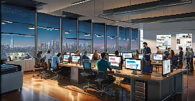 A vibrant film marketing office with diverse marketers discussing strategies, surrounded by screens of social media and analytics.