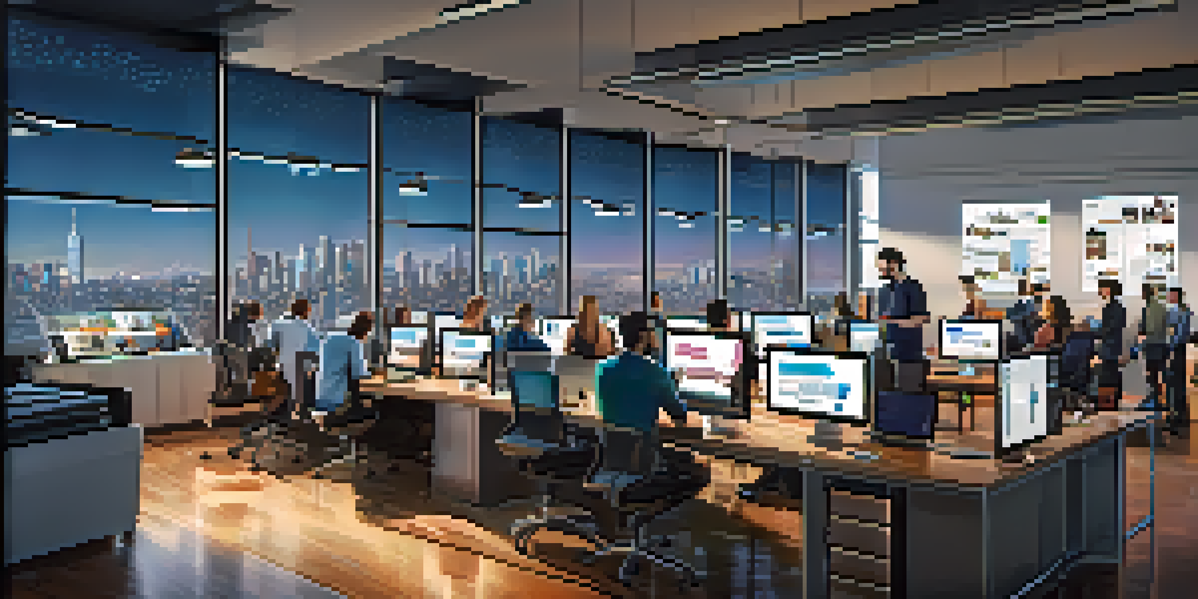 A vibrant film marketing office with diverse marketers discussing strategies, surrounded by screens of social media and analytics.