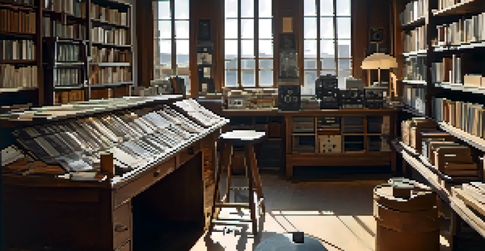 A vintage film preservationist's workspace with old film reels and restoration tools, illuminated by sunlight.
