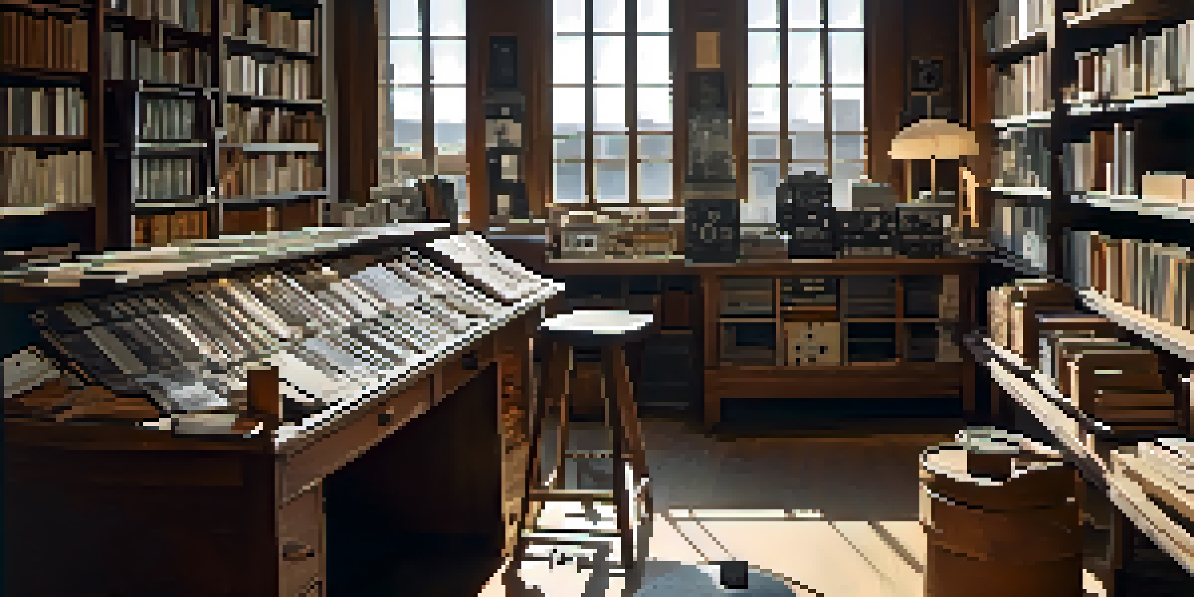 A vintage film preservationist's workspace with old film reels and restoration tools, illuminated by sunlight.