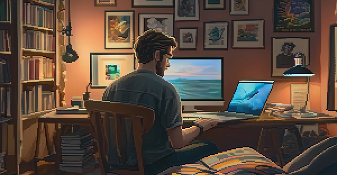 A digital filmmaker in a cozy home studio, editing on a laptop with movie posters and books in the background.