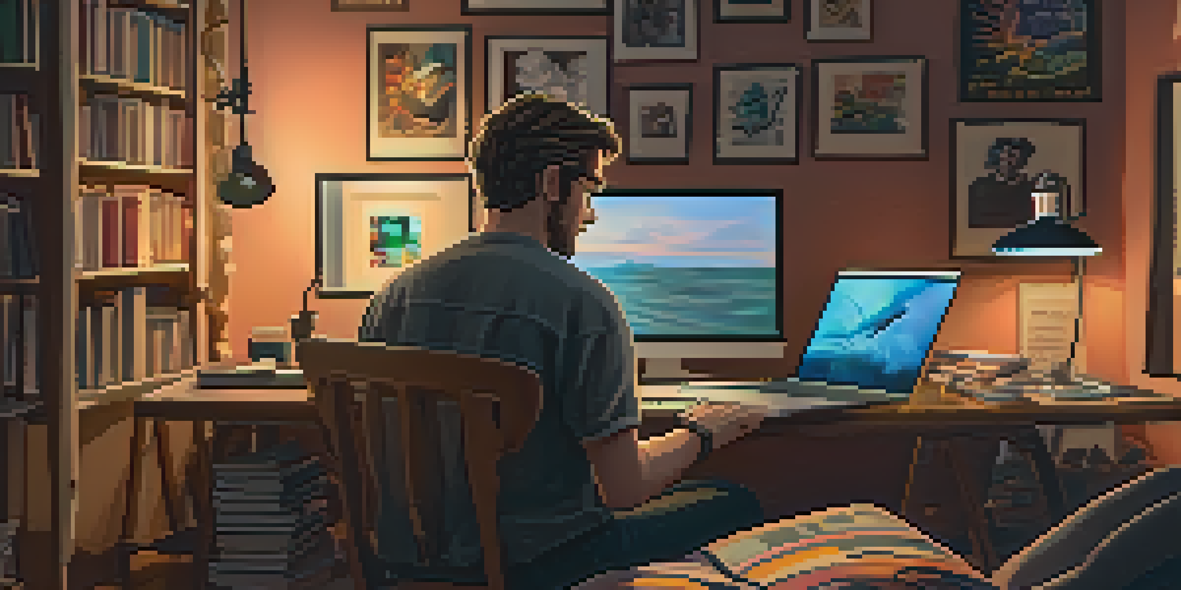 A digital filmmaker in a cozy home studio, editing on a laptop with movie posters and books in the background.