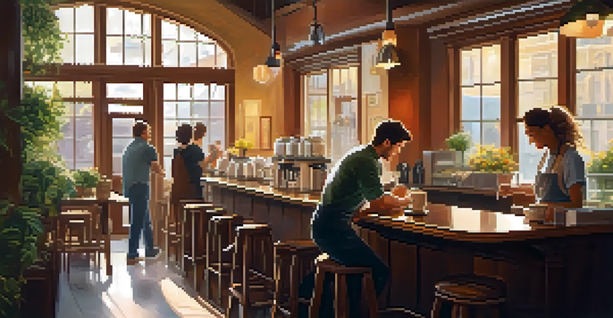A warm and inviting coffee shop with soft lighting, where a barista is making a latte. Sunlight shines through the windows, creating a cozy atmosphere.