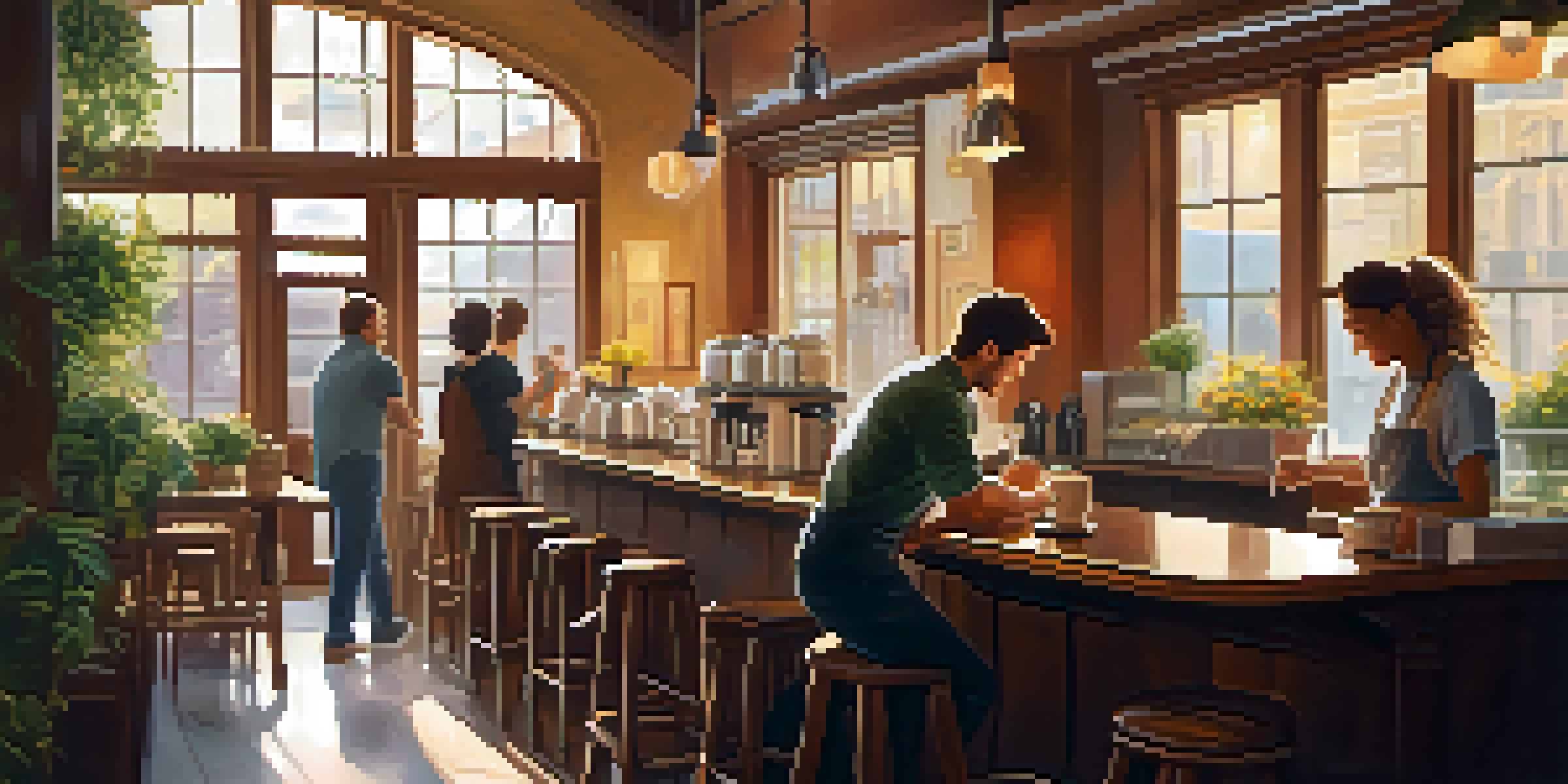 A warm and inviting coffee shop with soft lighting, where a barista is making a latte. Sunlight shines through the windows, creating a cozy atmosphere.