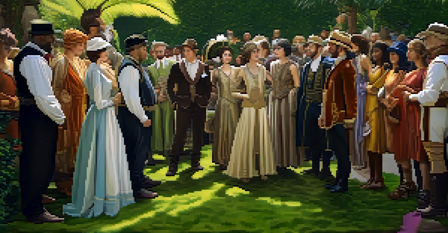 A group of characters in diverse historical costumes standing in a lush garden, each outfit showcasing unique styles.