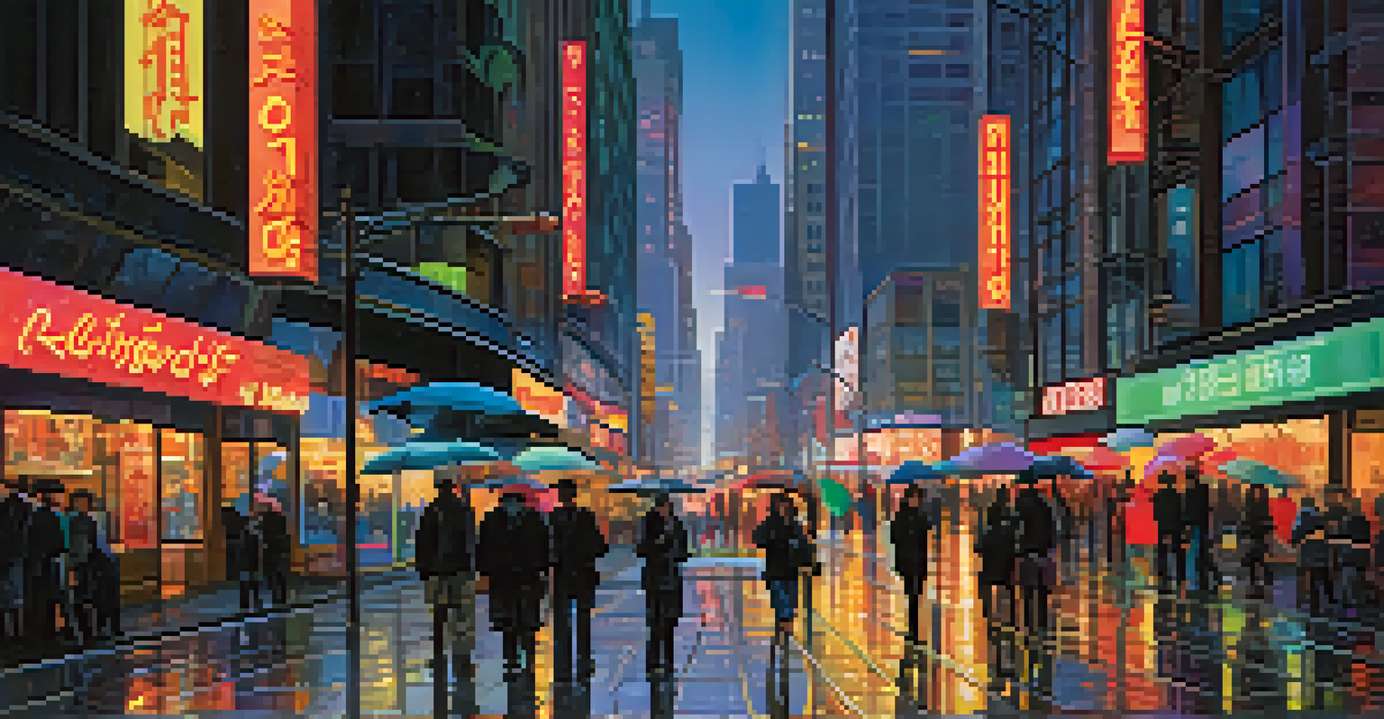 A bustling city street at dusk, filled with neon signs and pedestrians, with rain creating a glistening effect on the pavement.