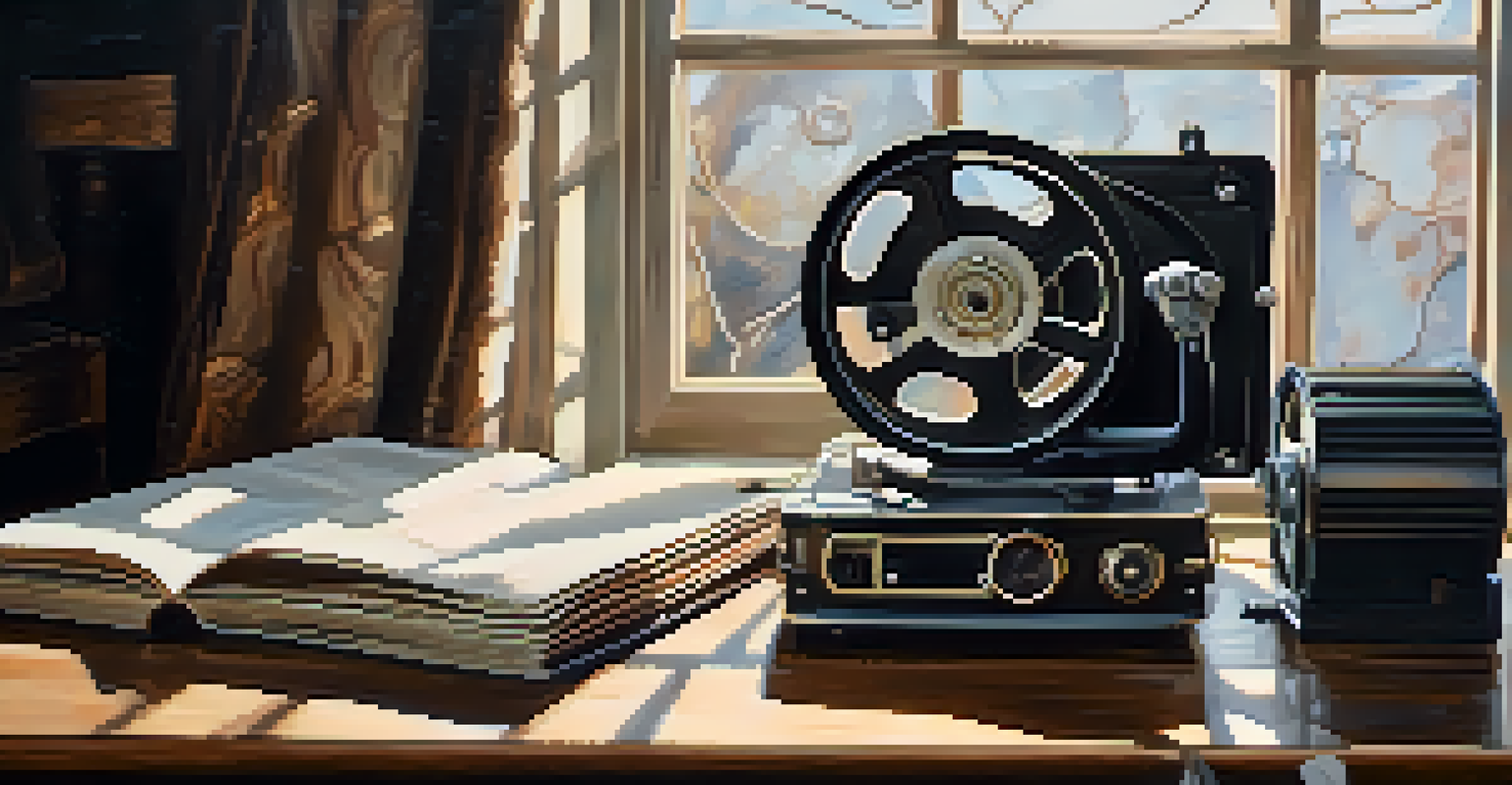 Close-up of an old film reel and film strips on a wooden table with a vintage projector.