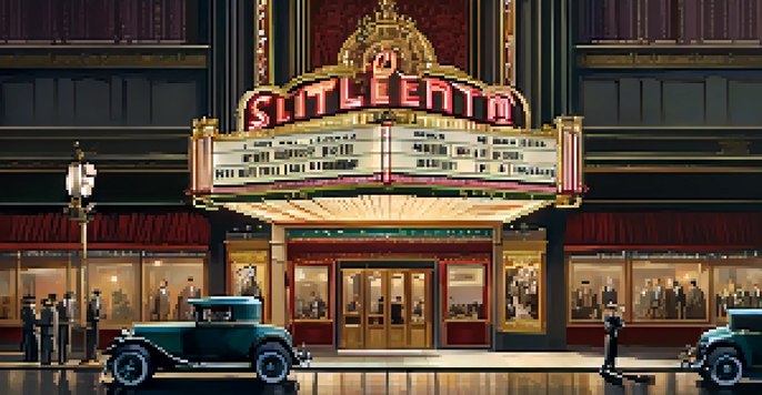 A vintage movie theater from the 1920s, with an ornate marquee and elegantly dressed patrons outside, portraying the classic Hollywood ambiance.