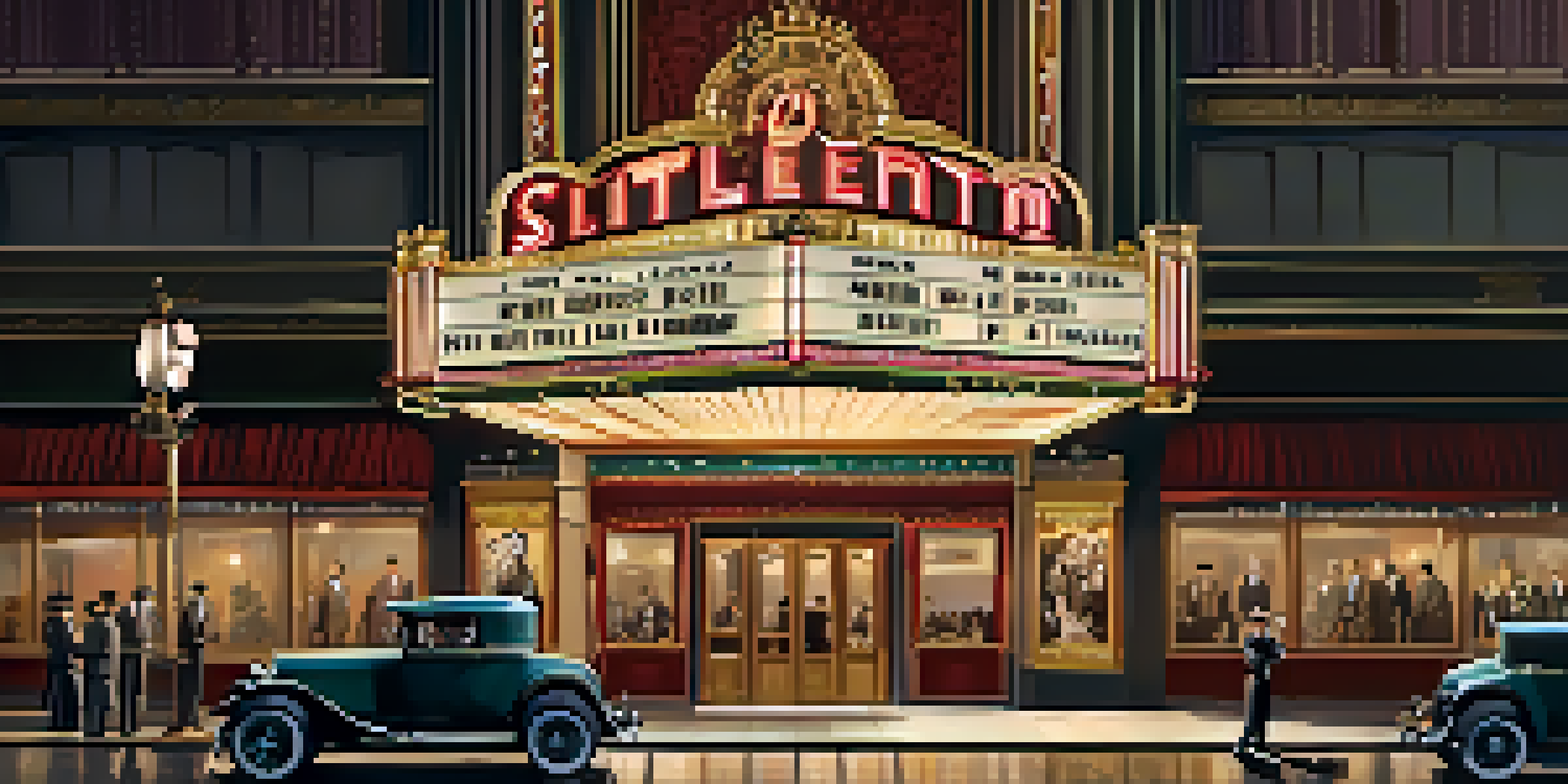 A vintage movie theater from the 1920s, with an ornate marquee and elegantly dressed patrons outside, portraying the classic Hollywood ambiance.