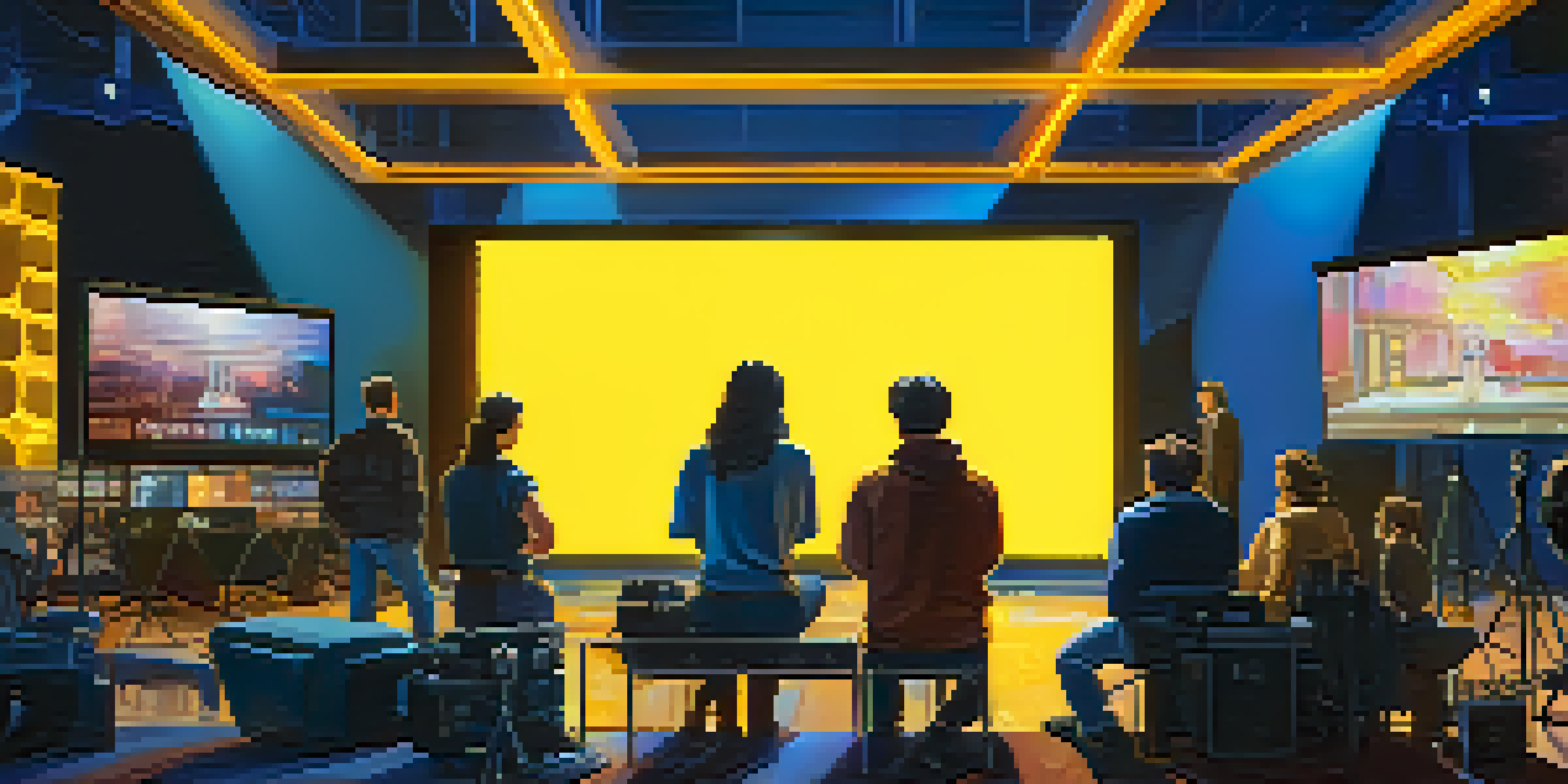 A diverse group of filmmakers discussing blockchain technology on a film set, surrounded by film equipment.