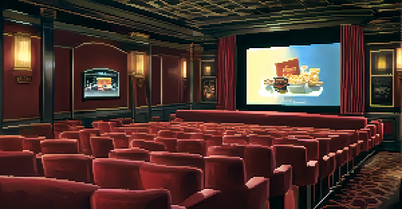 A dine-in theater with plush seating, where patrons enjoy meals while watching a film.