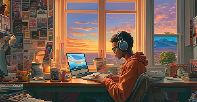 A young filmmaker working at a desk with movie posters and music software, illuminated by warm golden lighting and a sunset outside the window.